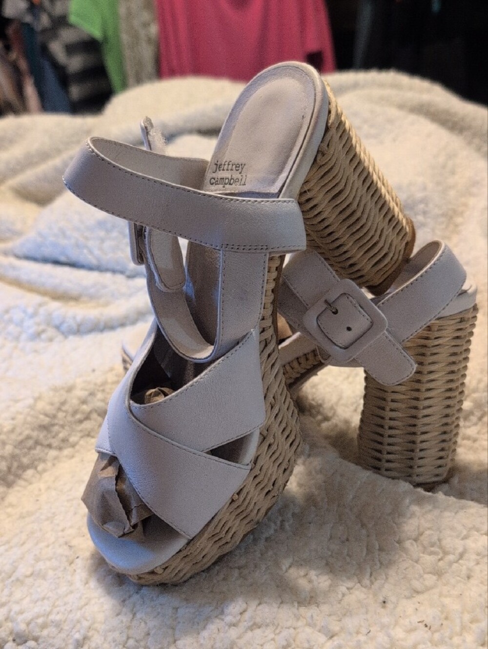 Jeffrey Campbell White Leather Wedge Sandals with Woven Platform - Picture 6 of 16